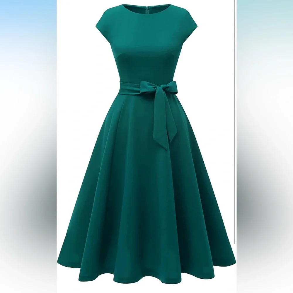 Elegant Teal Cap Sleeve Dress - Picture 2 of 15